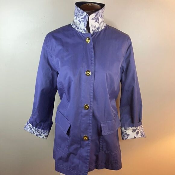 Issac Mizrahi Live Periwinkle Nylon Trench Coat w/Floral Lining (Size: Medium) - Picture 4 of 16